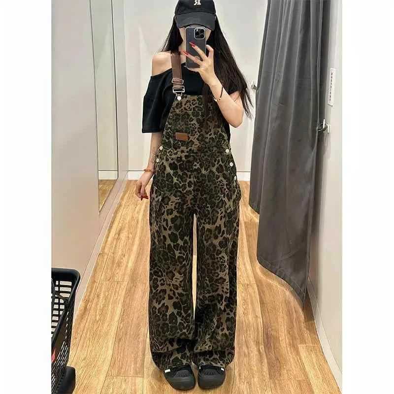 サロペット レディース デニム オーバーオール ワイドパンツ ヒョウ柄 レオパード柄 ストレート ゆったり 体型カバー ロング丈 カジュアル ポケット付き 通学 通勤 動きやすい デニムパンツ