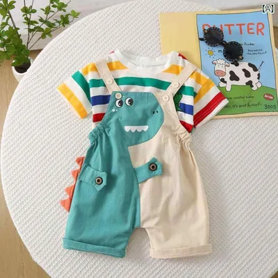 セットアップ キッズ ベビー 上下セット ストライプ 半袖 Tシャツ サロペットパンツ 2点セット 子供服 男の子 女の子 通気性よい 涼しい 夏服 普段着 お出かけ 通園 着脱簡単