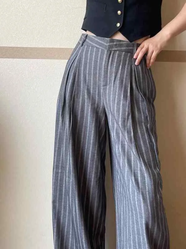 ロングパンツ レディース ストライプ リネン混 テーパードパンツ ワイドシルエット ウエストゴム センタープレス ゆったり カジュアル ボトムス 通気性 軽量 動きやすい 体型カバー 春夏 秋
