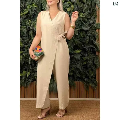 サロペット レディース Vネック オールインワン 绑帯 無地 コンビネゾン ノースリーブ ロングパンツ 体型カバー おしゃれ シンプル カジュアル 春夏コーデ ゆったりシルエット 動きやすい