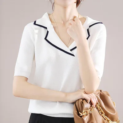 ニットTシャツ レディース 半袖 カットソー プルオーバー クルーネック ゆったり サマーニット トップス サマーセーター 無地 カジュアル オフィス 通勤 通学 デイリー 涼しい シンプル 大人 ストレッチ性 伸縮性 丸首 5分袖 春夏