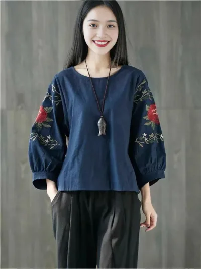 ブラウス レディース 刺繍入り 綿麻 七分袖 プルオーバー クルーネック リネン混 エスニック レトロ ゆったり 体型カバー チュニック 春夏 秋 トップス 大人カジュアル ナチュラル素材