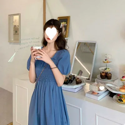 ワンピース レディース 夏 フレンチ 中長丈 パフスリーブ 鎖骨見せ ウエストシェイプ Aライン スリム かわいい 軽量 伸縮性 吸湿速乾