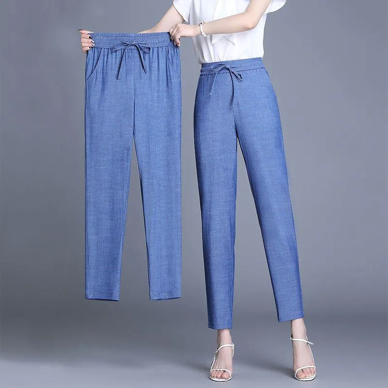 レディース パンツ ハイウエスト 9分丈 接触冷感 薄手 夏用 大きめサイズ スタイル カジュアル デニム風 普段使い 伸縮性