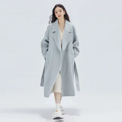 レディース 秋冬 コート ブルー 高級感 ウール生地 中長丈 韓国 小柄対応 暖か アウター ツイード ロングコート スタイリッシュ 日常使い