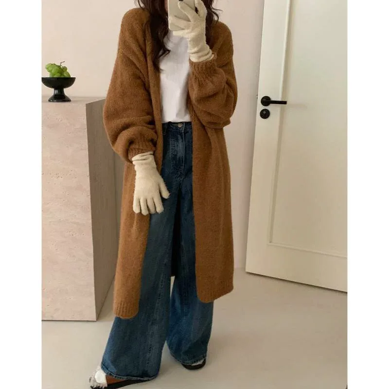 ニットカーディガン レディース 秋服 冬服 ロング丈 長袖 羽織り アウター ニット素材 無地 厚手 前開き ポケット付き 体型カバー ゆったり 動きやすい 防寒 暖かい カジュアル 羽織物