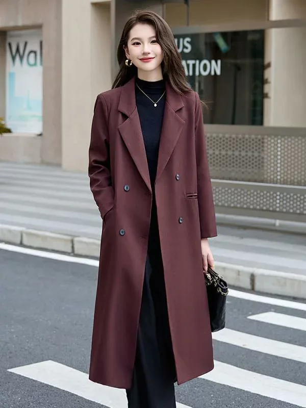 トレンチコート レディース ロング丈 ダブルブレスト ウエストマーク スタンドカラー ゆったりシルエット