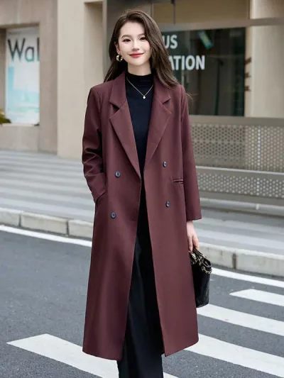 トレンチコート レディース ロング丈 ダブルブレスト ウエストマーク スタンドカラー ゆったりシルエット