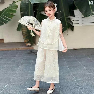 セットアップ 女児 ノースリーブ 刺繍 ワイドパンツ チャイナ風 女の子 上下セット カジュアル かわいい おしゃれ シンプル ベーシック スタンダード リラックス 普段着 お出かけ