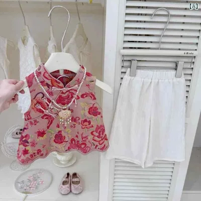 セットアップ 女児 チャイナ風 ノースリーブ ワイドパンツ おしゃれ カジュアル シンプル 定番 ベーシック スタンダード リラックス きれいめ 子供服 部屋着 普段着 お出かけ