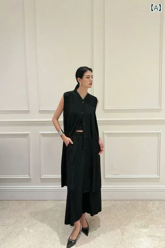 セットアップ レディース プリーツ 大きいサイズ ロング丈 ベスト ロングカーディガン ワイドパンツ 2点セット アンサンブル シンプル カジュアル スタンダード リラックス ベーシック きれいめ 定番