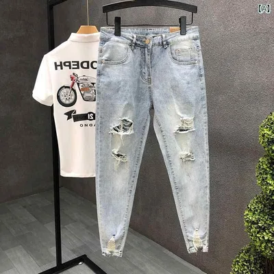 デニムパンツ メンズ アンクル丈 ダメージ加工 テーパード スリム ジーンズ ジーパン 九分丈 ボトムス カジュアル ストリート ライトカラー シンプル ベーシック 裾加工 定番 リラックス スタンダード