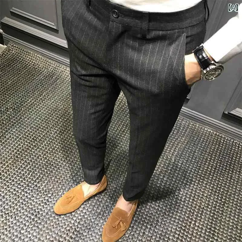 スラックス メンズ ビジネス ストライプ スリム テーパードパンツ ズボン ボトムス センタープレス 紳士服 男性 通勤 オフィス きれいめ カジュアル シンプル ベーシック スタンダード 定番 ロングパンツ 無地 縦縞 おしゃれ リラックス