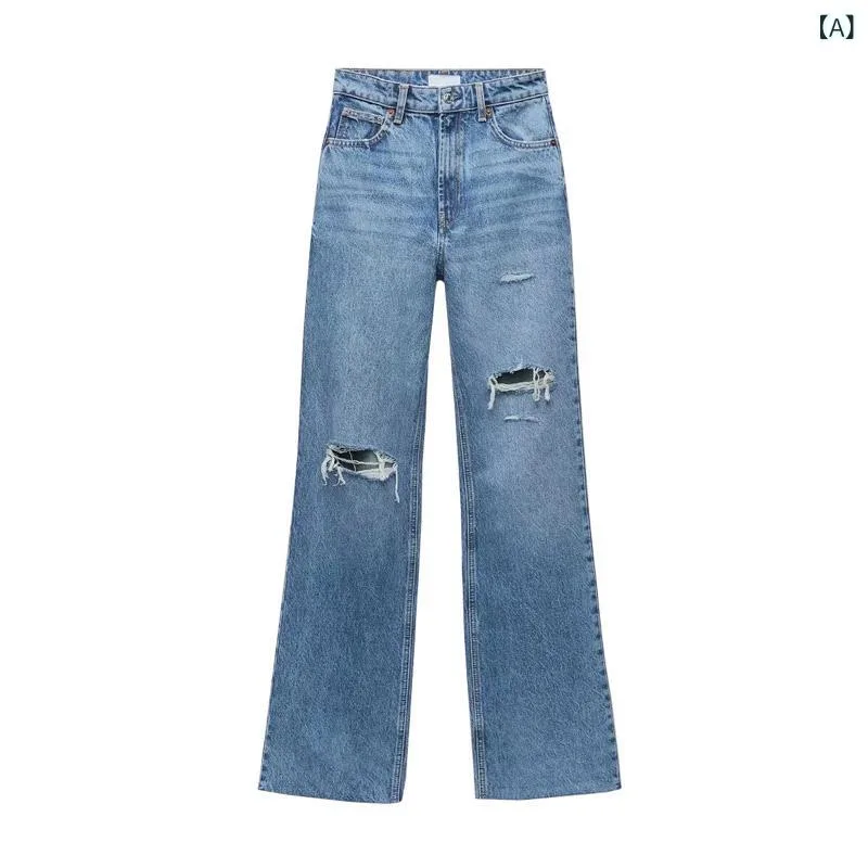 デニムパンツ レディース ハイウエスト ワイドストレートパンツ ダメージ加工 ロング丈ボトムス シンプルベーシック定番スタンダードカジュアルナチュラル