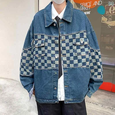 デニムジャケット メンズ チェッカーフラッグ 市松模様 ビッグシルエット 存在感 スタイリッシュ ワークジャケット ライトアウター 春秋 ゆったり 長袖 カジュアル ストリート ファッション 個性派 羽織り ブルゾン 襟付き 前開き ボタン コットン