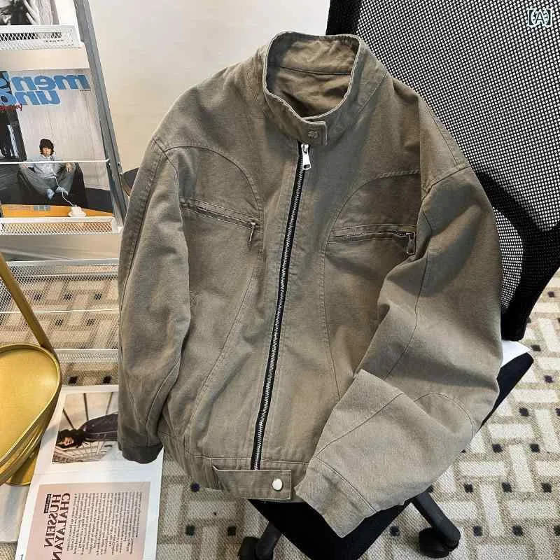 デニムジャケット メンズ スタンドカラー ワークジャケット ウォッシュ加工 ショート丈 ヴィンテージ風 アメカジ ライトアウター 春秋 カジュアル 男女兼用 ストリート 羽織り シンプル 無骨 スタイリッシュ 普段使い デイリー 重ね着 レイヤード 通学