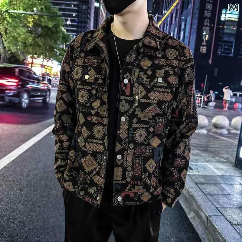 デニムジャケット メンズ アウター エスニック 刺繍 襟付き 丈夫 羽織り 春秋冬 通学 通勤 Gジャン 上着 インディゴ ブルー ヴィンテージ風 長袖 厚手 重ね着 レイヤード ワークジャケット 前開き ブルゾン ライトアウター スタイルアップ ポ