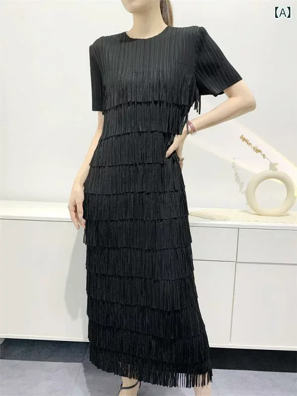 プリーツワンピース ロング レディース きれいめ マキシ丈 フリンジ 体型カバー 高見え 華奢見え 結婚式 二次会 披露宴 お呼ばれ フォーマル パーティー オケージョン 演奏会 発表会 謝恩会 ドレス Aライン ゆったり ノースリーブ 無地 デ