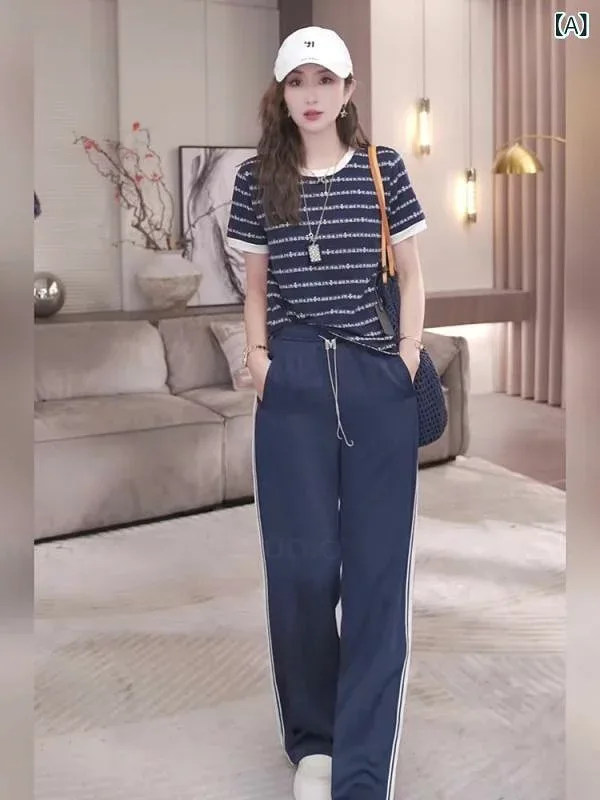 セットアップ レディース 夏 半袖 上下セット ボーダー クルーネック ワイドパンツ 涼しい 部屋着 コーデ不要 2点セット ルームウェア ワンマイルウェア 外出 旅行 体型カバー 楽ちん ウエストゴム 洗える シワになりにくい シンプル カジュアル ゆ