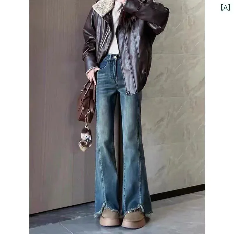 デニムパンツ レディース ハイウエスト セミフレア スリット ワイドパンツ ヴィンテージブルー カットオフ 着痩せ 体型カバー 脚長効果 美脚 ロングパンツ ボトムス ジーパン ベルボトム ブーツカット 春夏 秋冬