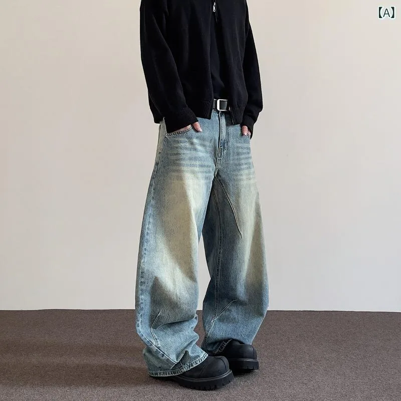 デニムパンツ メンズ ジーンズ バナナパンツ 立体裁断 ジーパン ウォッシュ加工 ヴィンテージ風 ボトムス ズボン ロングパンツ カジュアル アメカジ ストレート テーパード 3D ブルー 大きいサイズ コットン