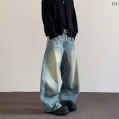 デニムパンツ メンズ ジーンズ バナナパンツ 立体裁断 ジーパン ウォッシュ加工 ヴィンテージ風 ボトムス ズボン ロングパンツ カジュアル アメカジ ストレート テーパード 3D ブルー 大きいサイズ コットン