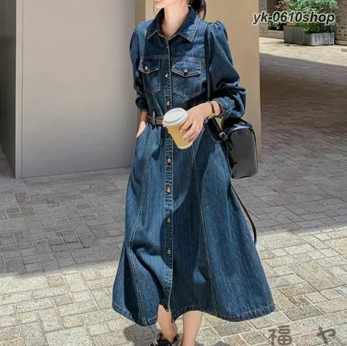 シャツワンピース 春 デニムシャツワンピース レディース 長袖 ロングワンピース 前開き 重ね着 キレイめ ワンピ スタンドカラーシャツワンピース 柔らかなデニムワンピース