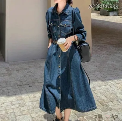 シャツワンピース 春 デニムシャツワンピース レディース 長袖 ロングワンピース 前開き 重ね着 キレイめ ワンピ スタンドカラーシャツワンピース 柔らかなデニムワンピース