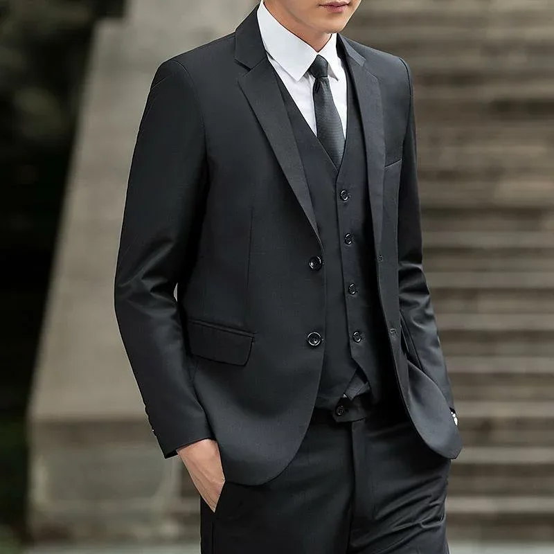 スーツ 男性用 スリムフィット 3点セット フォーマル パーティー 結婚式 二次会 粘纤混紡 春物 ブラック 紺 グレー