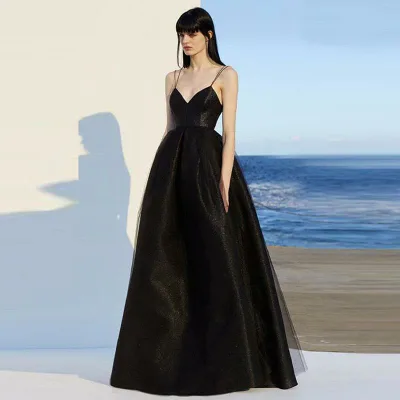 ワンピース レディース 黒 吊りスカート イブニングドレス パーティードレス ロング丈 チュール Aライン フレア 結婚式 二次会 演奏会 発表会 ホステス キャバ嬢