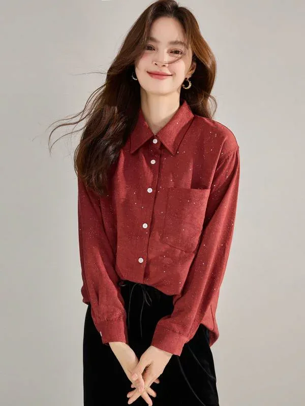 シャツ レディース 秋冬 レトロ 港風 高級感 スパンコール デザイン 赤色 杏色 長袖 ポリエステル 落ち肩 ゆったり 通勤