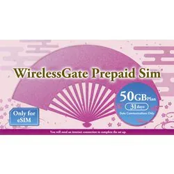 ワイヤレスゲート WirelessGate WirelessGate PrepaidSIM データ通信量50GBプラン eSIM 50GB 31Days WG-PRI-eSIM-50GB 31Days