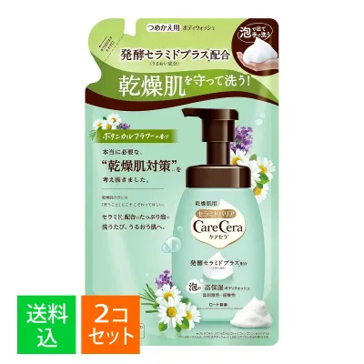 【×2個 配送おまかせ】ロート製薬 ケアセラ 泡の高保湿ボディウォッシュ ボタニカルフラワーの香り つめかえ用 385mL