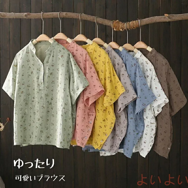 シャツブラウス シャツ ブラウス レディース 夏 半袖 カットソー 綿シャツ トップス チュニック 綿 コットン ダブルガーゼ 立ち襟 ボタン 小柄 ゆったり 体型カ