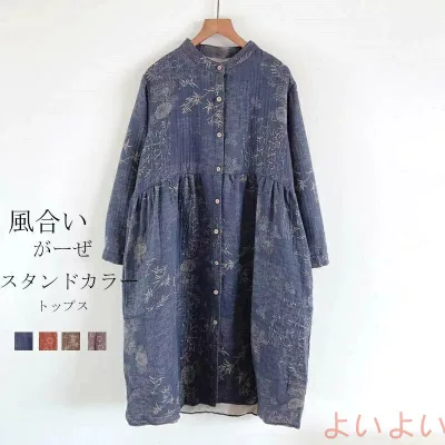 チュニック ロング がーぜシャツ 長袖 シャツ がーぜ 前開き ロングシャツ 花柄 チュニックワンピース 秋 シャツ 綿 スタンドカラー シャツブラウス レディース
