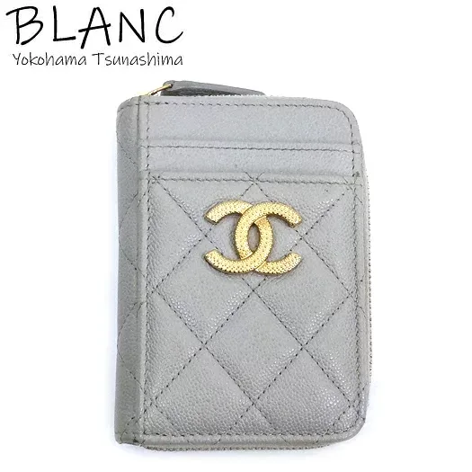 シャネル ジップコインパース フラグメントケース キャビアスキン グレー ゴールド金具 AP2966 CHANEL 横浜BLANC【中古】