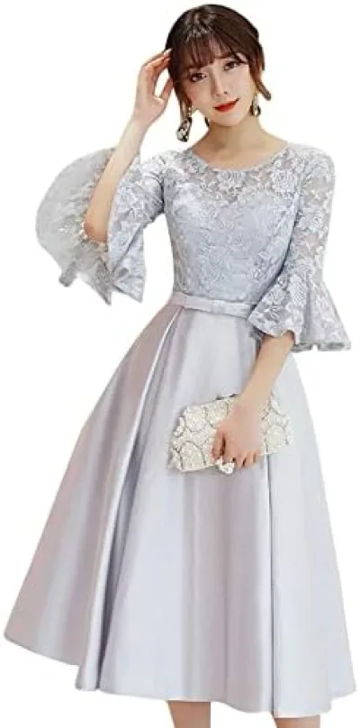 【20%OFFクーポン付き】パーティードレス 結婚式 披露宴 お呼ばれ ミモレ丈 フリルレース袖 ドレス フォーマルドレス 体型カバー ブライズメイド ドレス パーティドレス レディース ワンピース 演奏会洋服 ドレス 発表会