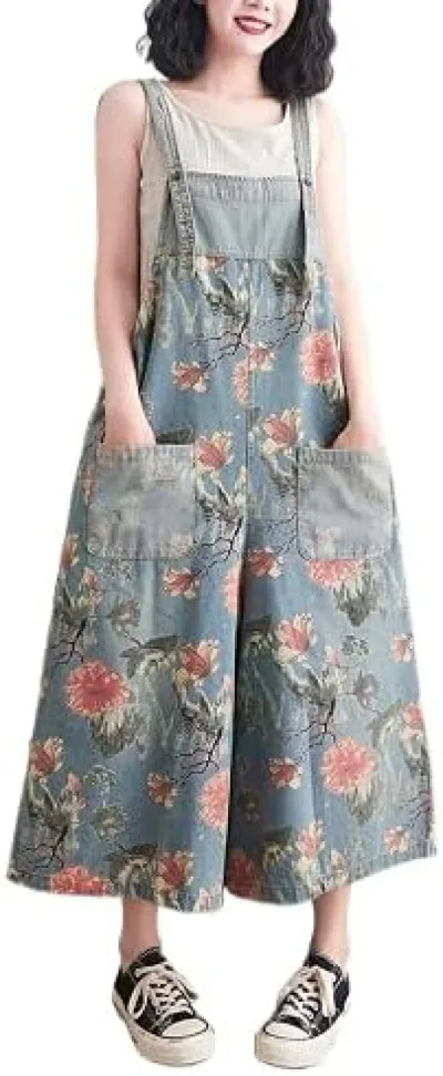 【20%OFFクーポン付き】デニムサロペット レディース パンツ レディース デニム ワイドパンツ 大きいサイズ ボトムス 花柄 オールインワン カジュアル 20代 30代 つなぎ オーバーオール 体型カバー ゆったり