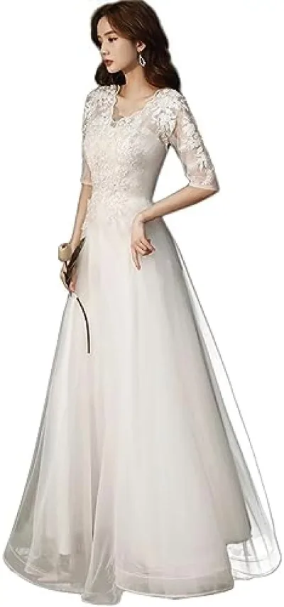 【20%OFFクーポン付き】ウェディングドレス レディース 結婚式ドレス パーティードレス ロングドレス 刺繍レース 袖あり 花嫁 二次会 プリンセス 発表会 お呼ばれ フォーマル ピアノ 披露宴 演奏会 ハイウエスト チュール