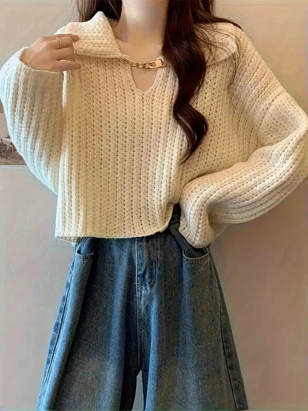 【20%OFFクーポン付き】【チェーン付き】ニット セーター レディース 襟付き スキッパー ざっくり編み 秋冬 長袖 ケーブル編み ショート丈 プルオーバー ゆったり オーバーサイズ 体型カバー 華奢見え 二の腕カバー 小顔 暖かい カジュアル 大