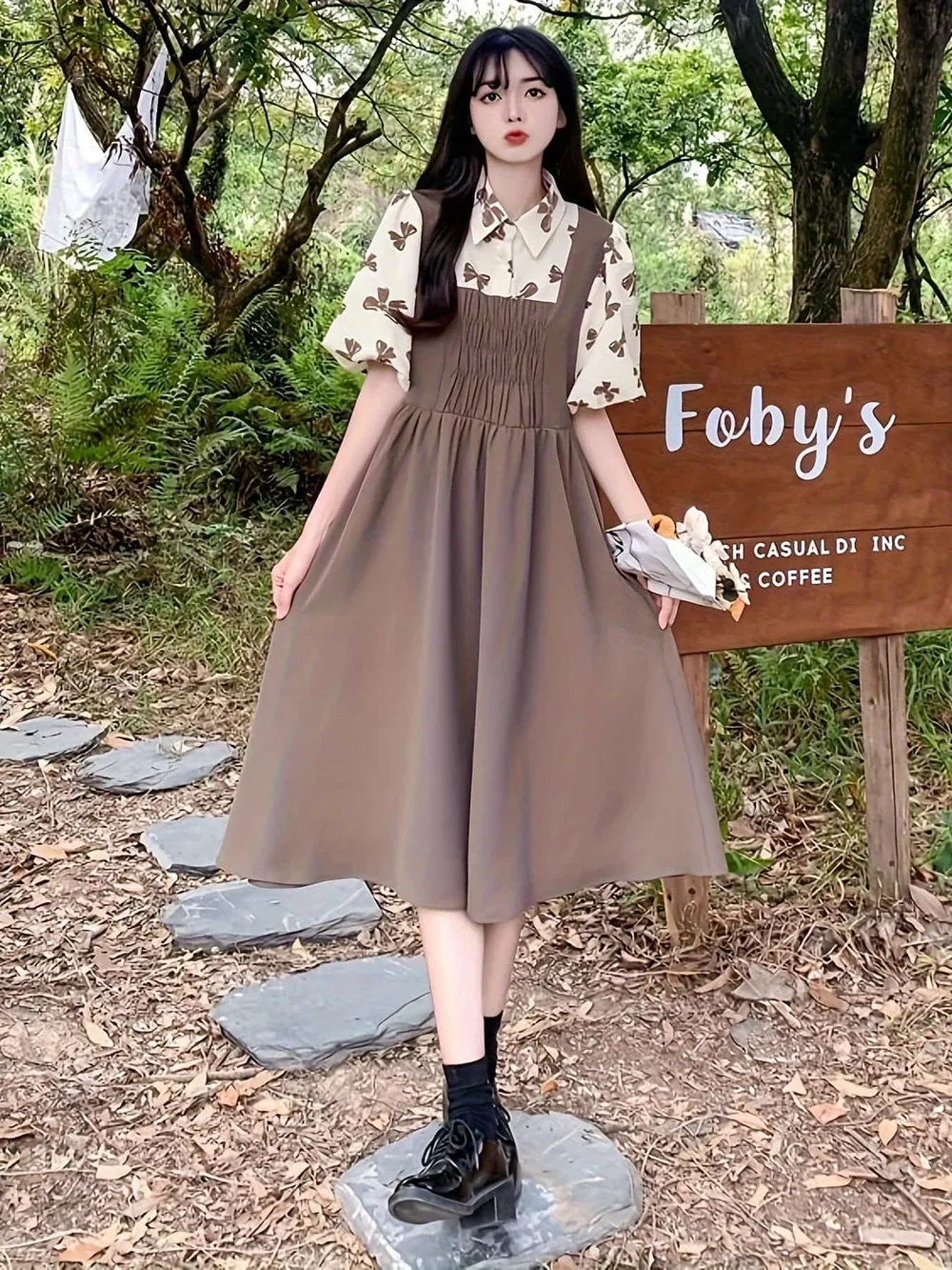 【20%OFFクーポン付き】【重ね着風】ワンピース レディース ロングワンピース ドッキングワンピース シャツワンピース ミモレ丈 膝下 半袖 襟付き ボリューム袖 バルーンスリーブ リボン柄 Aライン ハイウエスト 切替 配色 体型カバー 着痩せ