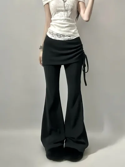 【20%OFFクーポン付き】【韓国モード】スカート付きパンツ レイヤード スカッツ ベルボトム ブーツカット ドロスト リボン ロング ズボン ボトムス 重ね着風 偽二枚 伸縮性 ストレッチ ウエストゴム 楽ちん 美脚 脚長 着痩せ 体型カバー ヒッ