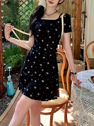 【20%OFFクーポン付き】【あざと可愛い】 ワンピース レディース ミニワンピース リボン柄 半袖 スクエアネック レイヤード風 重ね着風 タイト Aライン ミニ丈 総柄 膝上丈 地雷系 量産型 韓国ファッション ガーリー 春 夏 秋 黒 ブラック
