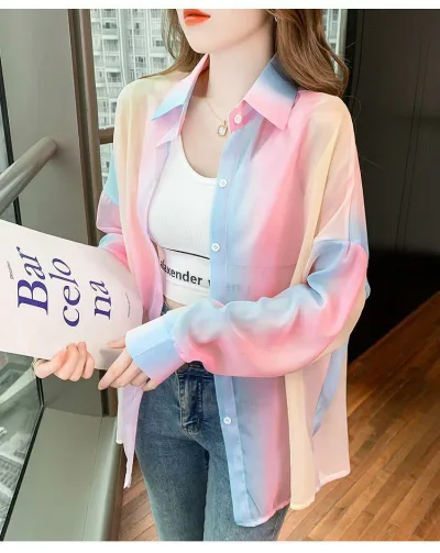 【20%OFFクーポン付き】シアーシャツ レディース ブラウス ロングシャツ シフォン 襟付き 長袖 透け感 トップス 日焼け止め服 冷房対策 羽織り オーバーサイズ カジュアル ゆったり チュニック 総柄 お洒落 可愛い 春夏