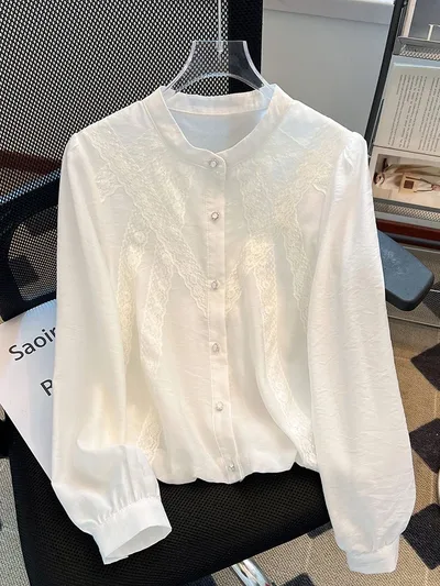 【20%OFFクーポン付き】レディース ブラウス シャツ 通勤 オフィス 20代 30代 40代 50代 レース バンドカラー パフスリーブ 長袖 透け感 やわらかい しなやか サラサラ とろみ感 上品 エレガント カジュアル