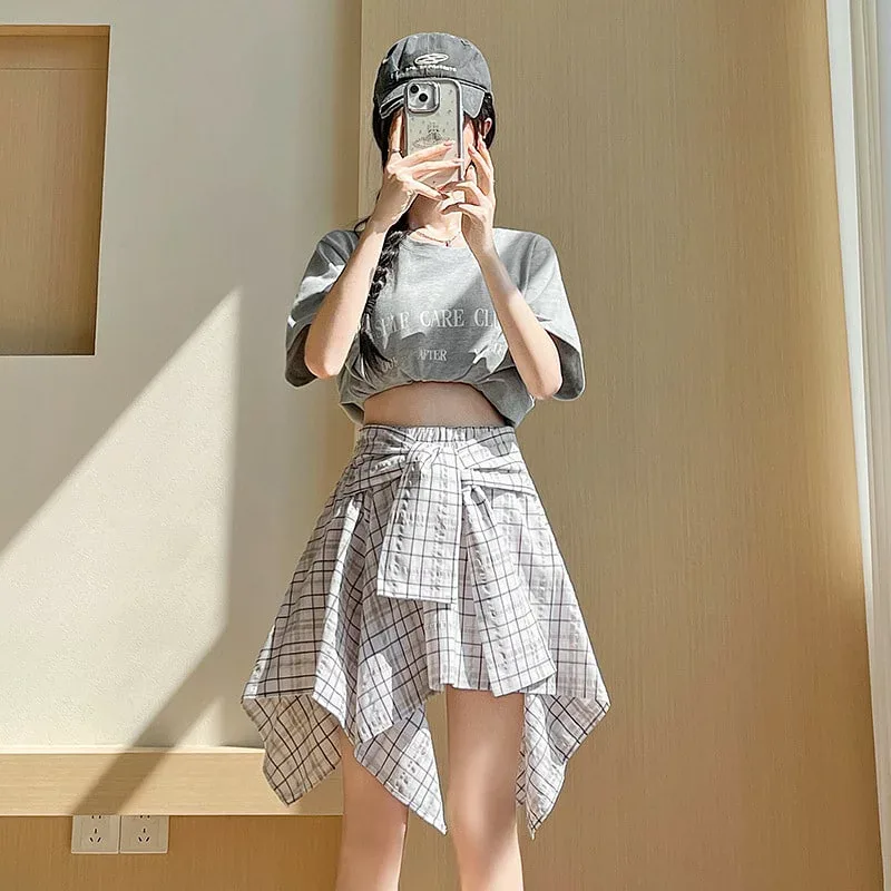 【20%OFFクーポン付き】レディース ミニスカート 不規則 アシンメトリー ハイウエスト シャツ巻き風 美脚 着痩せ カジュアル 韓国ファッション おしゃれ