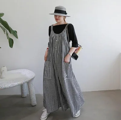 【20%OFFクーポン付き】サロペット レディース 夏 ゆったり オールインワン ワイドパンツ ストライプ ギンガムチェック 体型カバー 細見え 涼しい 綿麻風 カジュアル 吊りパンツ ロング丈 大人 可愛い 30代 40代 5