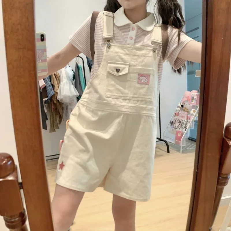 【20%OFFクーポン付き】サロペット レディース オーバーオール ショートパンツ かわいい 学院風 吊りズボン 短パン 森ガール カジュアル ゆったり ガーリー 夏 おしゃれ 10代 20代 学生 通学 ハート 星 刺繍 ズボ