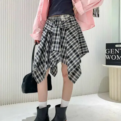 【20%OFFクーポン付き】チェック柄 スカート ミニ アシンメトリー シャツ風結び ファッション ミニ丈 美脚 着痩せ スカート カジュアル ふんわり タイトめ Aラインシルエット お出かけ デート 通学 可愛い オシャレ 高