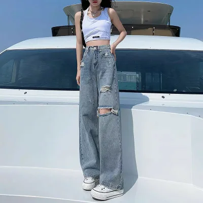 【20%OFFクーポン付き】ジーンズ レディース ハイウエスト ダメージ デニム ワイドパンツ 夏用 薄手 ストレート 美脚 脚長 着痩せ ゆったり ジーパン ズボン ボトムス ロング丈 カジュアル おしゃれ 可愛い 春 夏